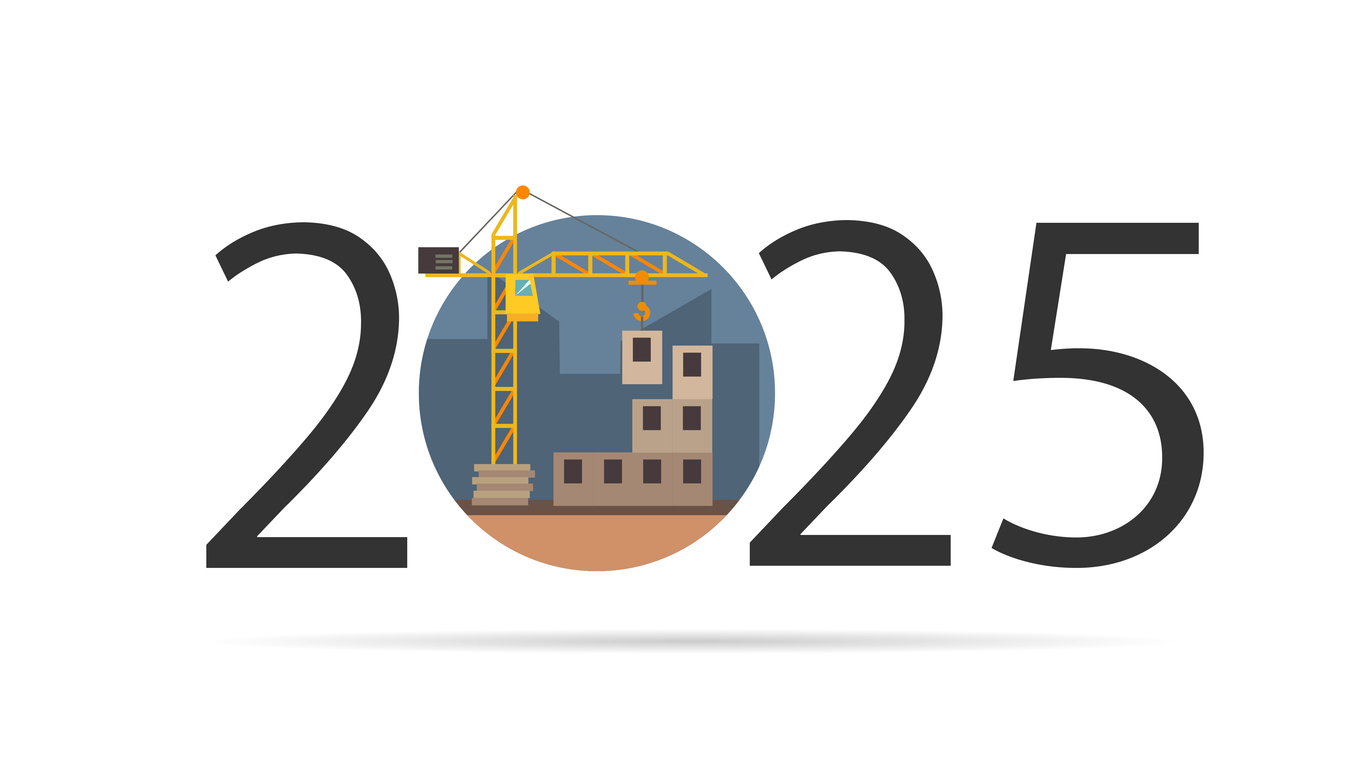 Year 2025 with Building, house construction icon