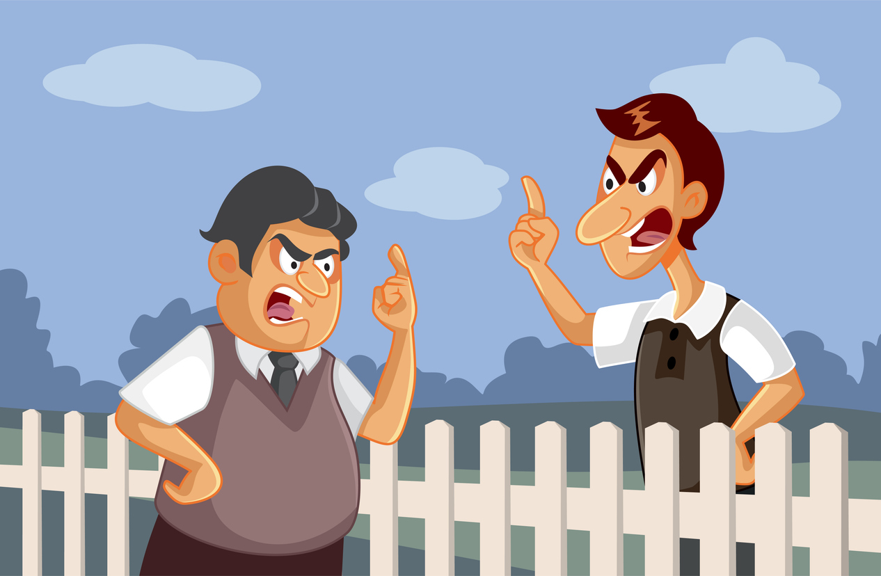 Angry Neighbours Fighting over a Fence - Illustration