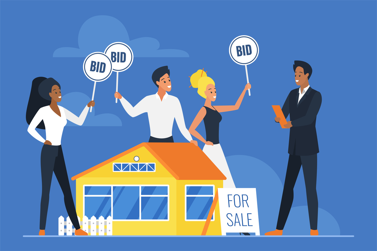 House for sale at auction, competitors hold Bid paddles, bidding to buy real estate